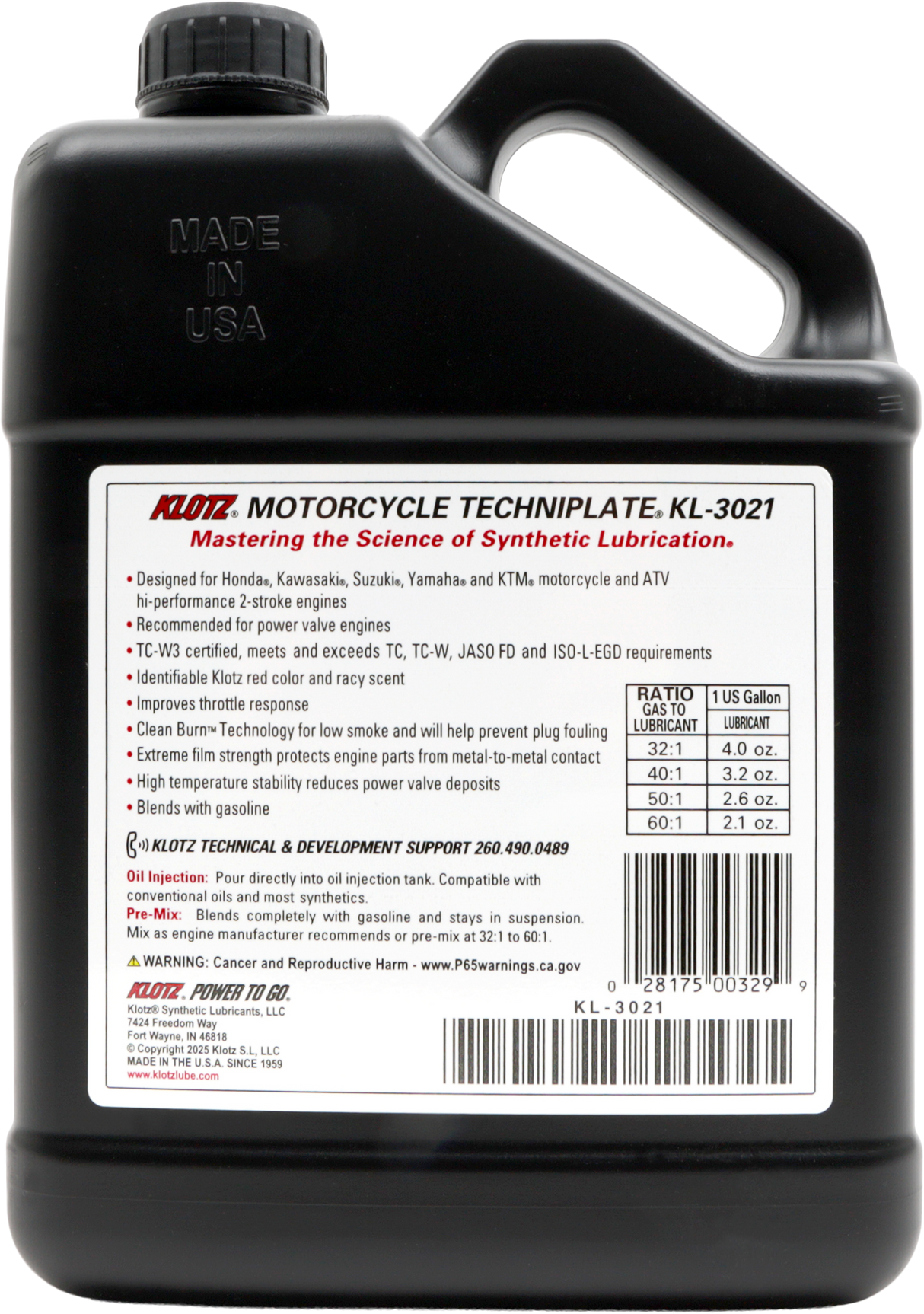 Klotz Motorcycle Techniplate 2T Synthetic TC-W3 Oil - 1 Gallon Bottle, Suitable for 2-Stroke Engines