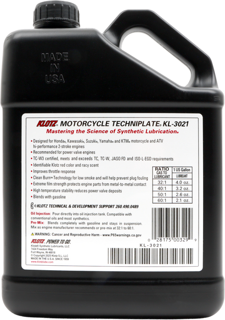 Klotz Motorcycle Techniplate 2T Synthetic TC-W3 Oil - 1 Gallon Bottle, Suitable for 2-Stroke Engines