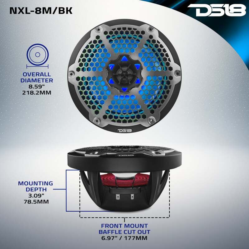 DS18 NXL-M Series 8-Inch Marine and Powersports Speaker with RGB LED Lights - Black