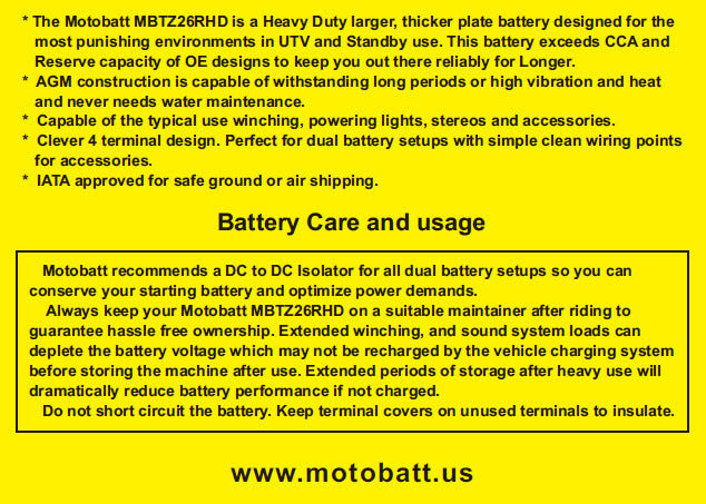 Motobatt MBTZ26RHD Sealed AGM Battery for Motorcycle, ATV, and Powersports Vehicles