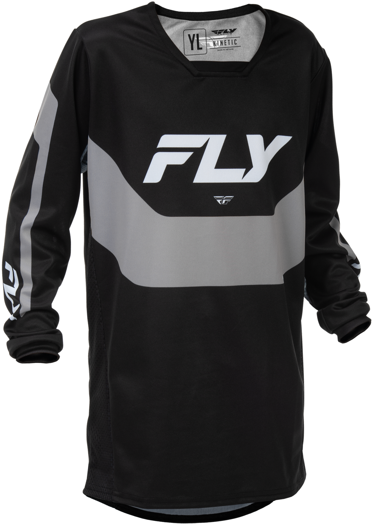 Fly Racing Youth Kinetic Jersey Black/Grey YXL - Youth Motorcycle Jersey for Off-Road & Motocross with Tag-less Collar and Extended Tail