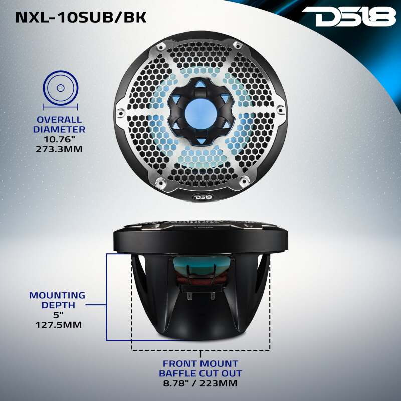 DS18 NXL-10SUB/BK 10-Inch Powersports Subwoofer with Enclosure – 300 Watts RMS, 4 Ohm Single Voice Coil, Black with Covers