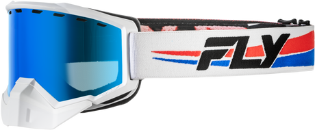 Fly Racing Focus Snow Goggle White/Red/Blue with Dark Blue Mirror and Smoke Lens - Universal Fit for Snowmobile, Ski, and Snowboard Helmets