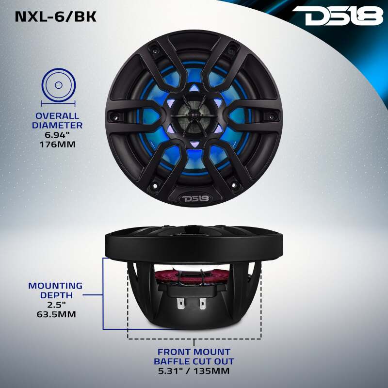 DS18 NXL Series 6.5-inch Coaxial Marine Speakers with RGB LED Lighting – Ideal for Boats and Powersports Vehicles