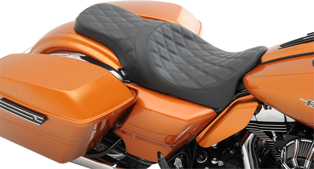 Drag Specialties Seats Forward Positioned Predator 2-Up Seat for Harley FL '08-'23 with Double Diamond Black Stitching