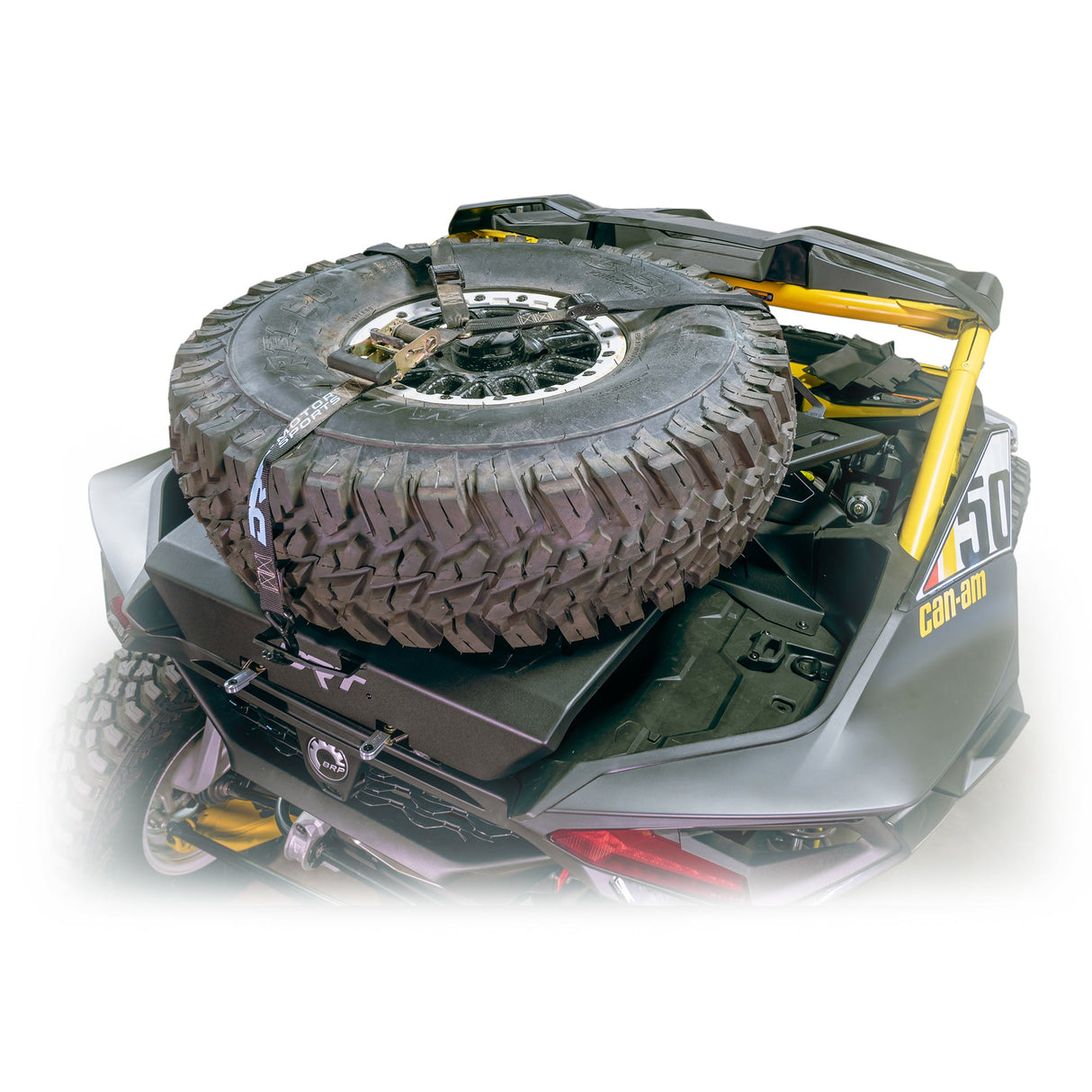 Installed Maverick R tire carrier rack, supports spare and gear for overlanding