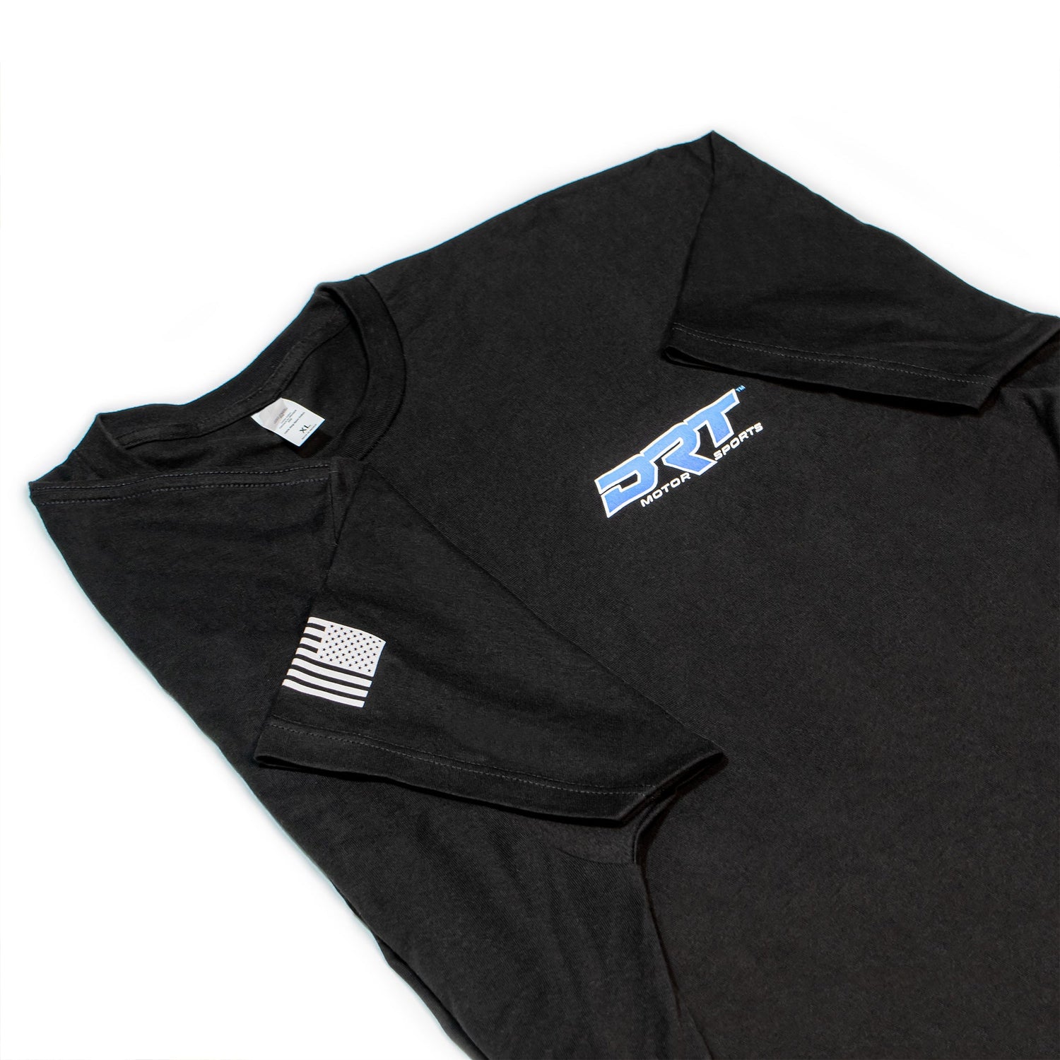 Front view of a motorsports tee laid flat in black