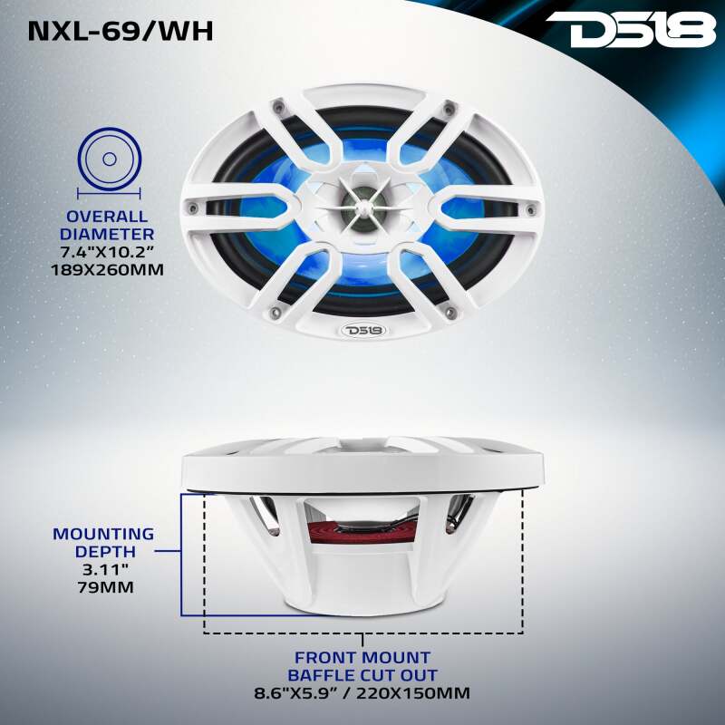 DS18 NXL Series 6x9 inch Marine Coaxial Speaker with RGB Lights - White, 125W RMS, 2-Way for Powersports and Marine Vehicles