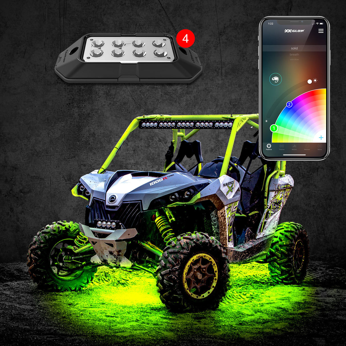 XK GLOW 4-Piece RGB Rock Light Kit with App Control for Jeep Wrangler, Toyota Tacoma, Ford F-150