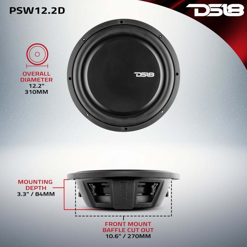 DS18 PSW12.2D 12-Inch 600W RMS Dual Voice Coil Water-Resistant Subwoofer for Automotive and Marine Use
