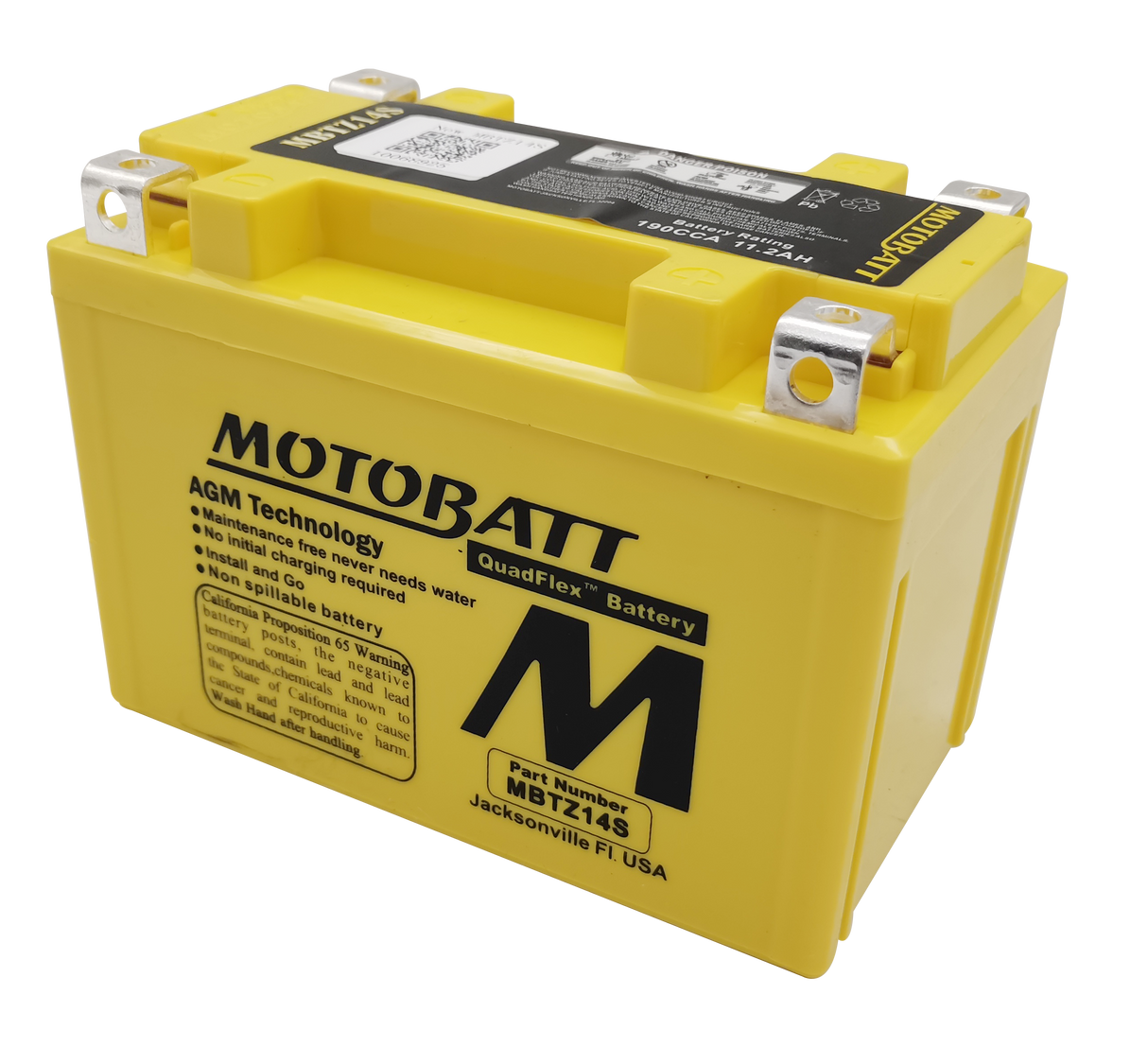 MOTOBATT MBTZ14S Sealed AGM Motorcycle Battery — Compatible with Harley Davidson, Honda, Yamaha, Kawasaki, and Suzuki