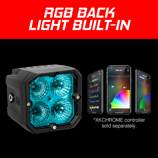 XK GLOW 20W RGB Pod Lights Flood Beam Kit for Jeep Wrangler, Ford F-150, Chevrolet Silverado