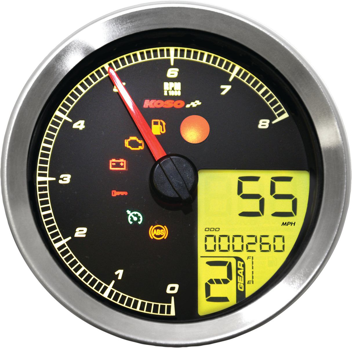 KOSO BA051201 Speedo / Tach Silver Bezel LCD Color Change Display for Harley Davidson XL883N, XL883L, Softail, Dyna, and Sportster Models