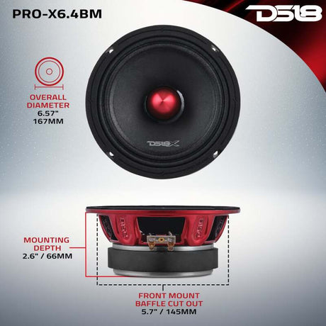 DS18 PRO-X6.4BM 6.5-Inch 250W RMS 4 Ohm Mid-Range Bullet Loudspeaker for Car Audio