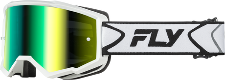 Fly Racing Zone Goggle with Iridescent Green Mirror Lens – White/Black for ATV, Motorcycle, and Off-Road Helmets