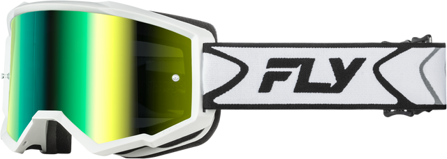 Fly Racing Zone Goggle with Iridescent Green Mirror Lens – White/Black for ATV, Motorcycle, and Off-Road Helmets