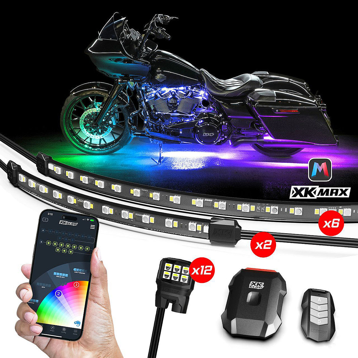 XK GLOW MX-MOTO-PRO Motorcycle LED Underglow Kit – 20 Pieces with RGBW Chasing Lights, Bluetooth & Key Fob Control, Fits Most Cruiser and Sport Bikes