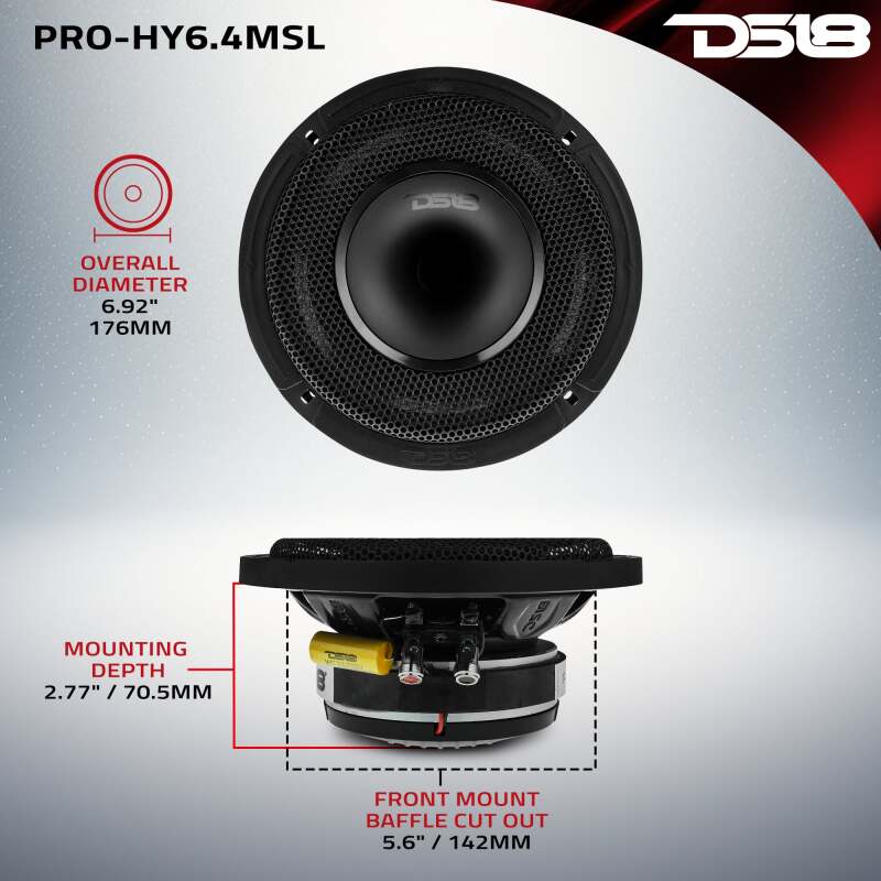 DS18 PRO-HY6.4MSL 6.5-inch 150W RMS Mid-Range Loudspeaker with Shallow Grill for Car Audio