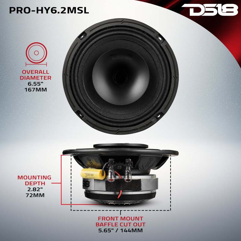 DS18 PRO-HY6.2MSL 6.5-Inch 150W RMS 2 Ohm Mid-Range Loudspeaker for Car Audio with Shallow Grill